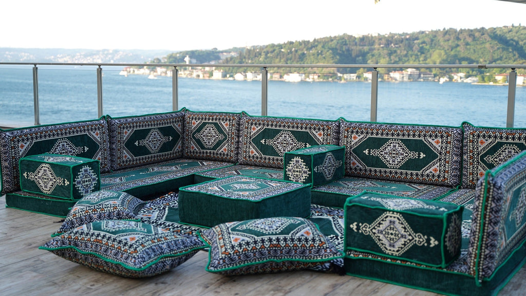 U Shaped Green Corner Arabic Floor Seating Sofas