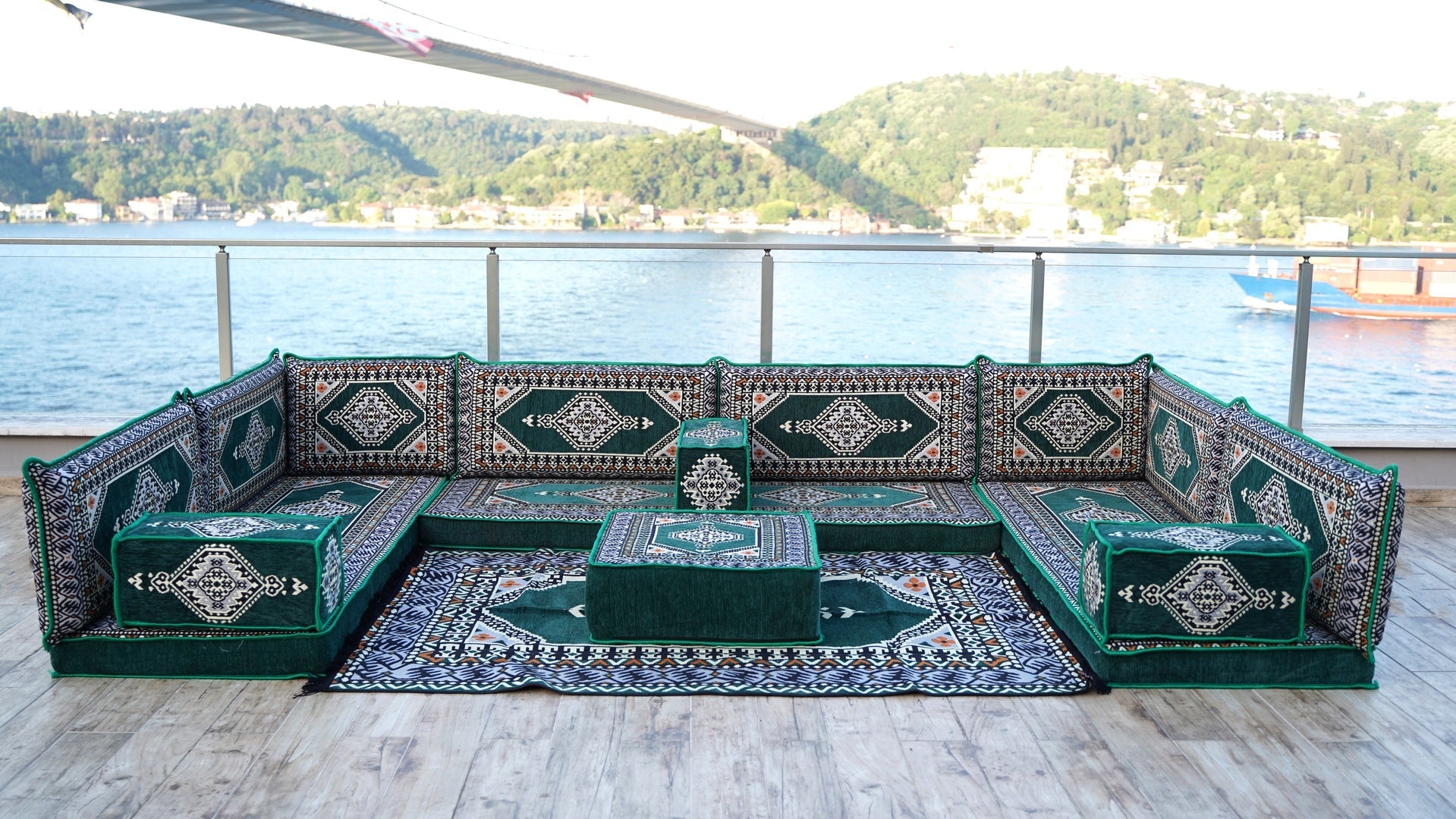 U Shaped Green Corner Arabic Floor Seating Sofas