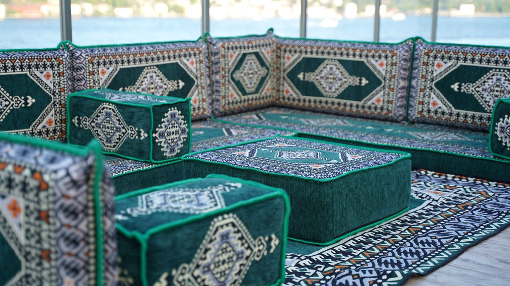 U Shaped Green Corner Arabic Floor Seating Sofas