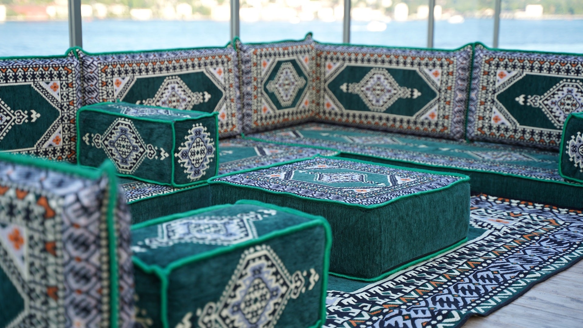 U Shaped Green Corner Arabic Floor Seating Sofas
