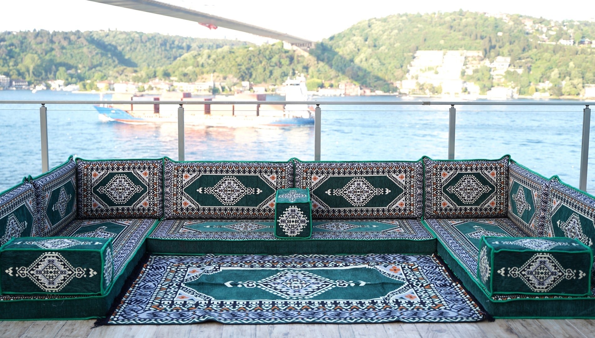 U Shaped Green Corner Arabic Floor Seating Sofas