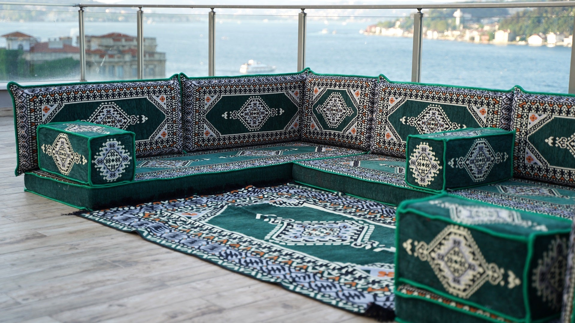 U Shaped Green Corner Arabic Floor Seating Sofas