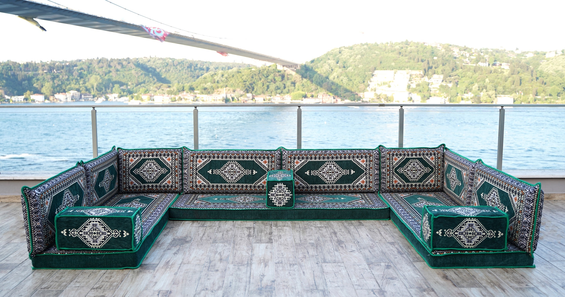 U Shaped Green Corner Arabic Floor Seating Sofas