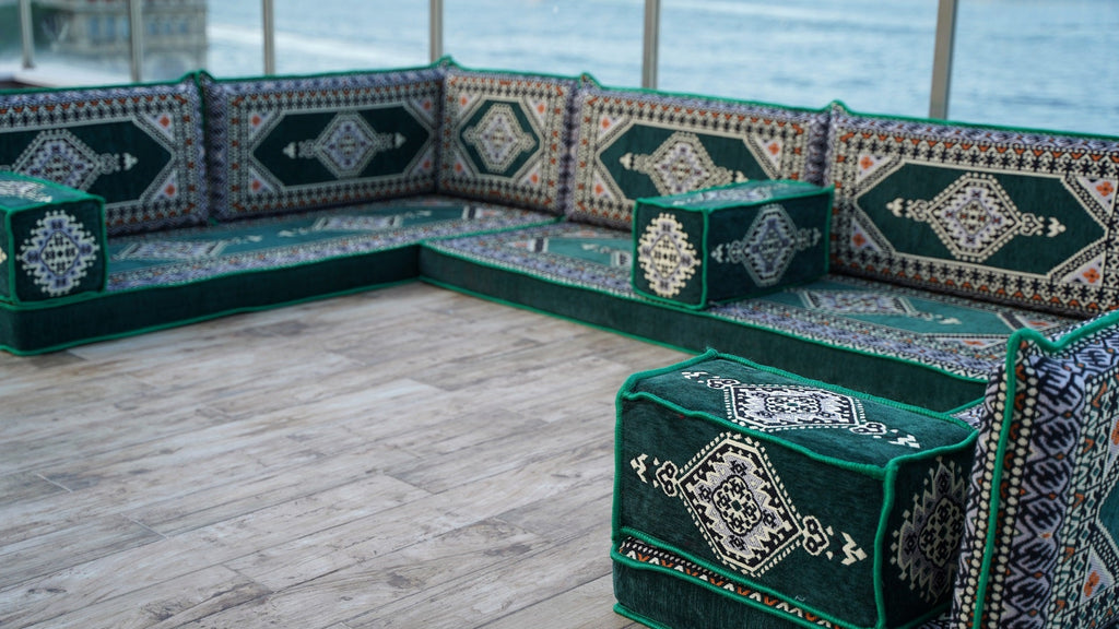 U Shaped Green Corner Arabic Floor Seating Sofas