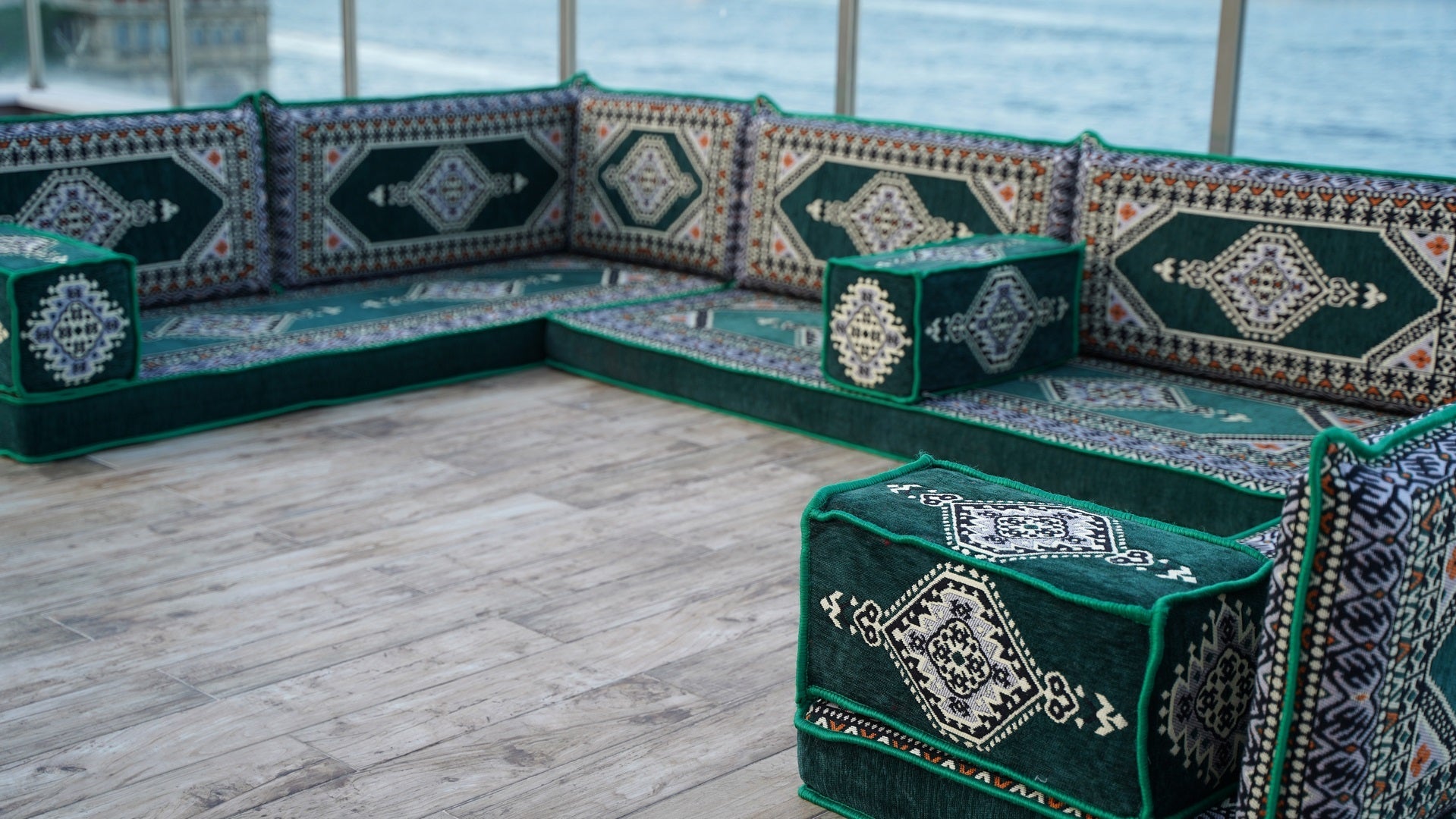 U Shaped Green Corner Arabic Floor Seating Sofas