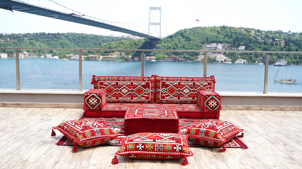 Red Patio Furniture, Living Room Floor Cushion, Arabic Floor Couch, Turkish Floor Cushion, Ethnic Sofa with Ottoman Couch and Rug