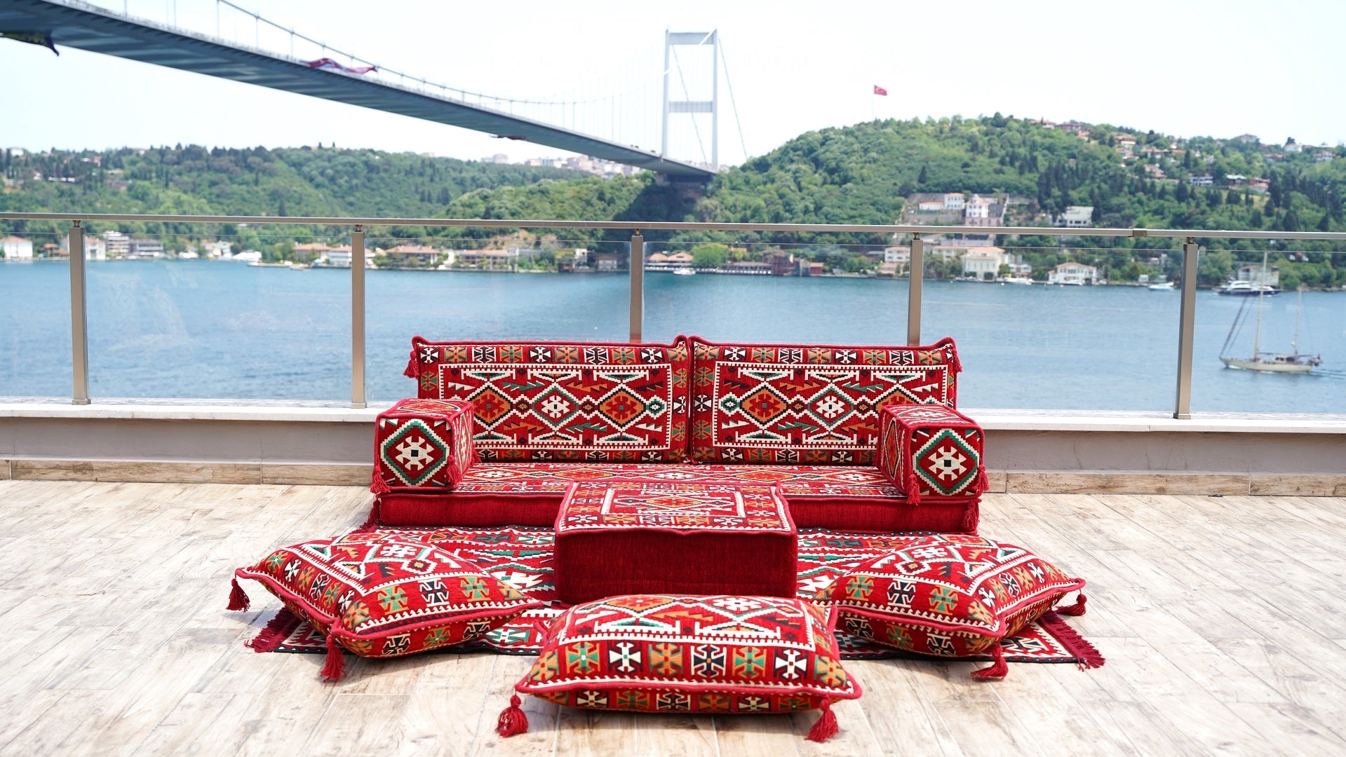 Red Patio Furniture, Living Room Floor Cushion, Arabic Floor Couch, Turkish Floor Cushion, Ethnic Sofa with Ottoman Couch and Rug