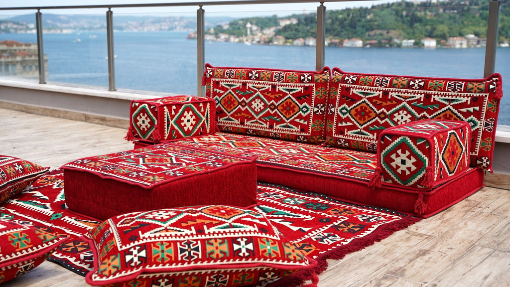 Red Patio Furniture, Living Room Floor Cushion, Arabic Floor Couch, Turkish Floor Cushion, Ethnic Sofa with Ottoman Couch and Rug