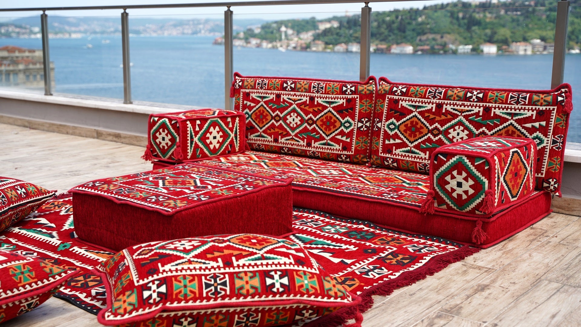 Red Patio Furniture, Living Room Floor Cushion, Arabic Floor Couch, Turkish Floor Cushion, Ethnic Sofa with Ottoman Couch and Rug