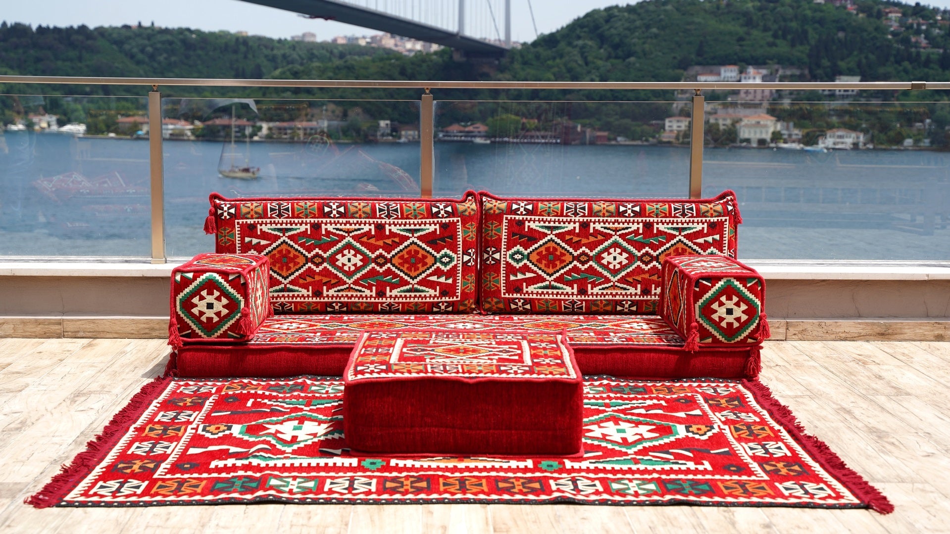 Red Patio Furniture, Living Room Floor Cushion, Arabic Floor Couch, Turkish Floor Cushion, Ethnic Sofa with Ottoman Couch and Rug