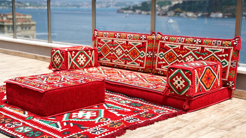 Red Patio Furniture, Living Room Floor Cushion, Arabic Floor Couch, Turkish Floor Cushion, Ethnic Sofa with Ottoman Couch and Rug