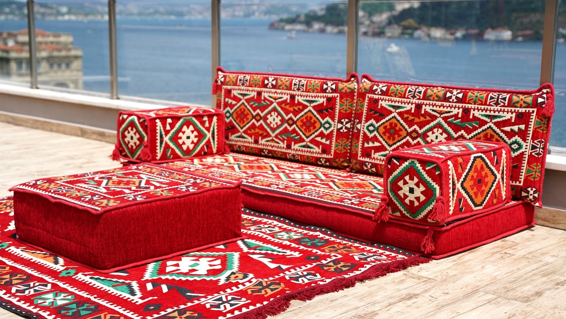 Red Patio Furniture, Living Room Floor Cushion, Arabic Floor Couch, Turkish Floor Cushion, Ethnic Sofa with Ottoman Couch and Rug