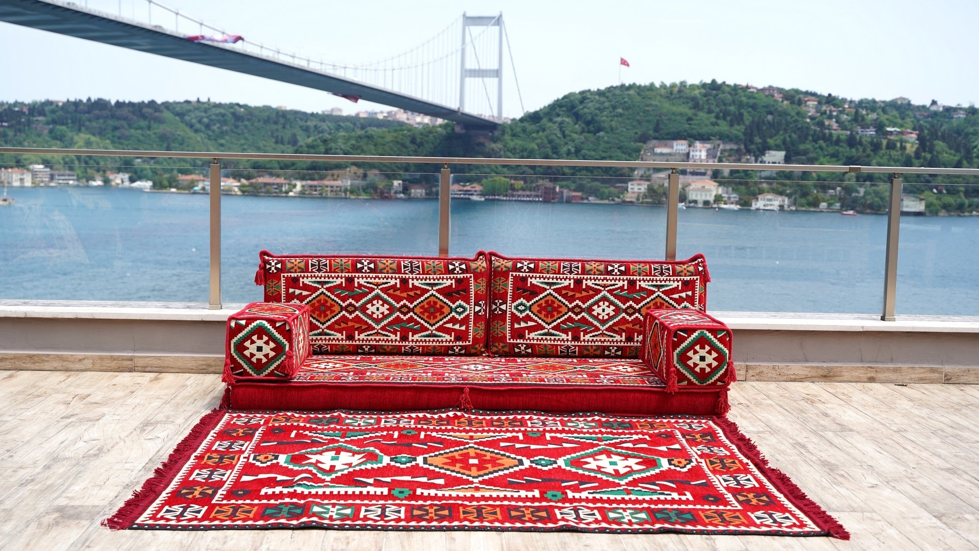 Red Patio Furniture, Living Room Floor Cushion, Arabic Floor Couch, Turkish Floor Cushion, Ethnic Sofa with Ottoman Couch and Rug