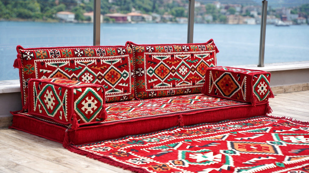 Red Patio Furniture, Living Room Floor Cushion, Arabic Floor Couch, Turkish Floor Cushion, Ethnic Sofa with Ottoman Couch and Rug