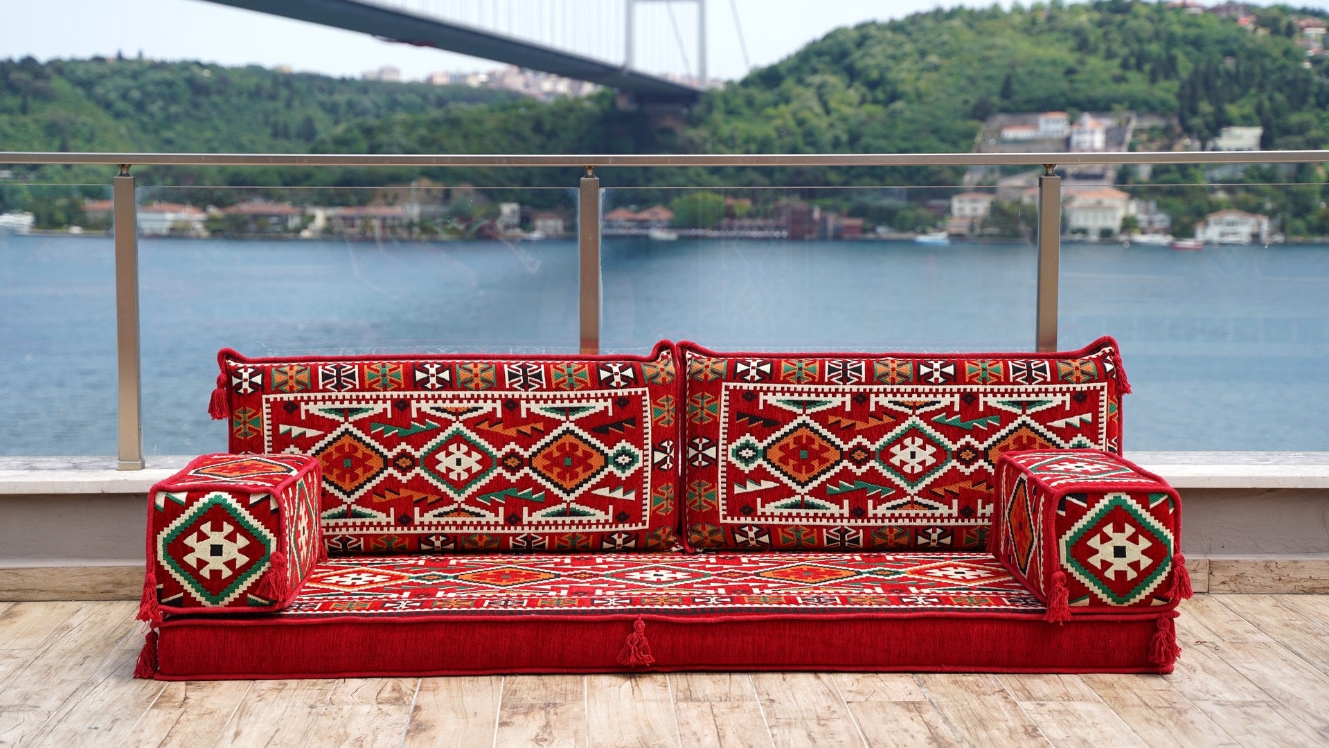Red Patio Furniture, Living Room Floor Cushion, Arabic Floor Couch, Turkish Floor Cushion, Ethnic Sofa with Ottoman Couch and Rug