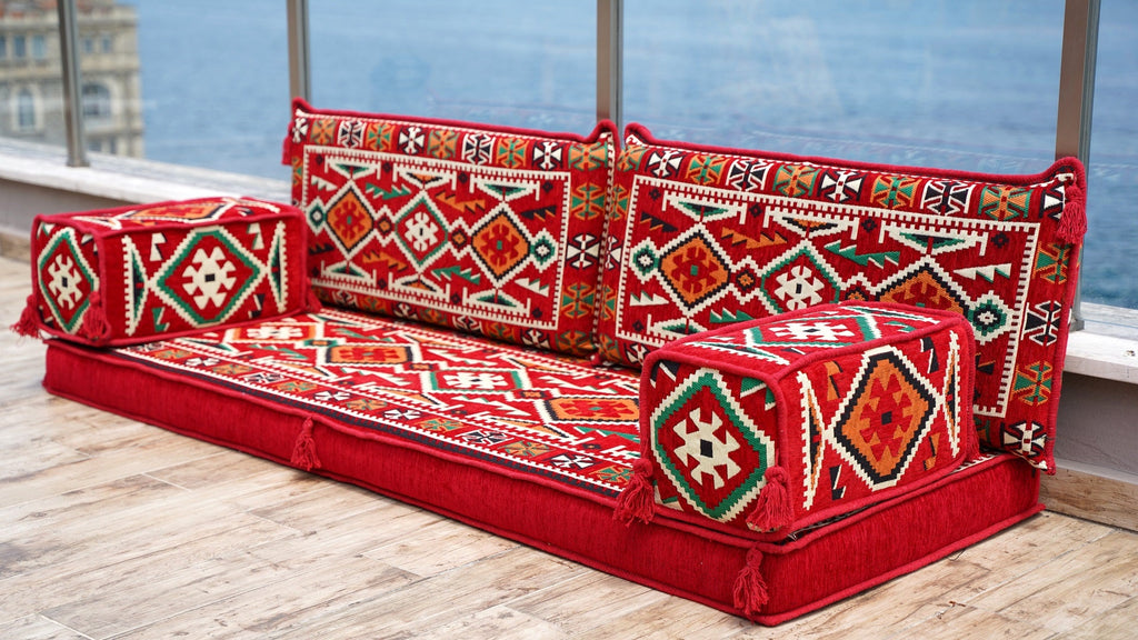 Red Patio Furniture, Living Room Floor Cushion, Arabic Floor Couch, Turkish Floor Cushion, Ethnic Sofa with Ottoman Couch and Rug