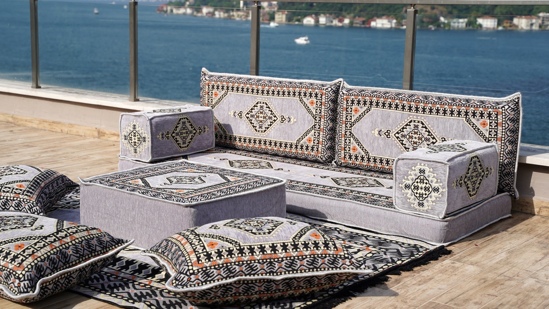 Gray Single Sofa, Arabic Sofa, Terrace Sofa with Ottoman Couch and Rug, Turkish Rug, Sofa Bed, Floor Couch, Meditation Sofa, Living Room Furniture