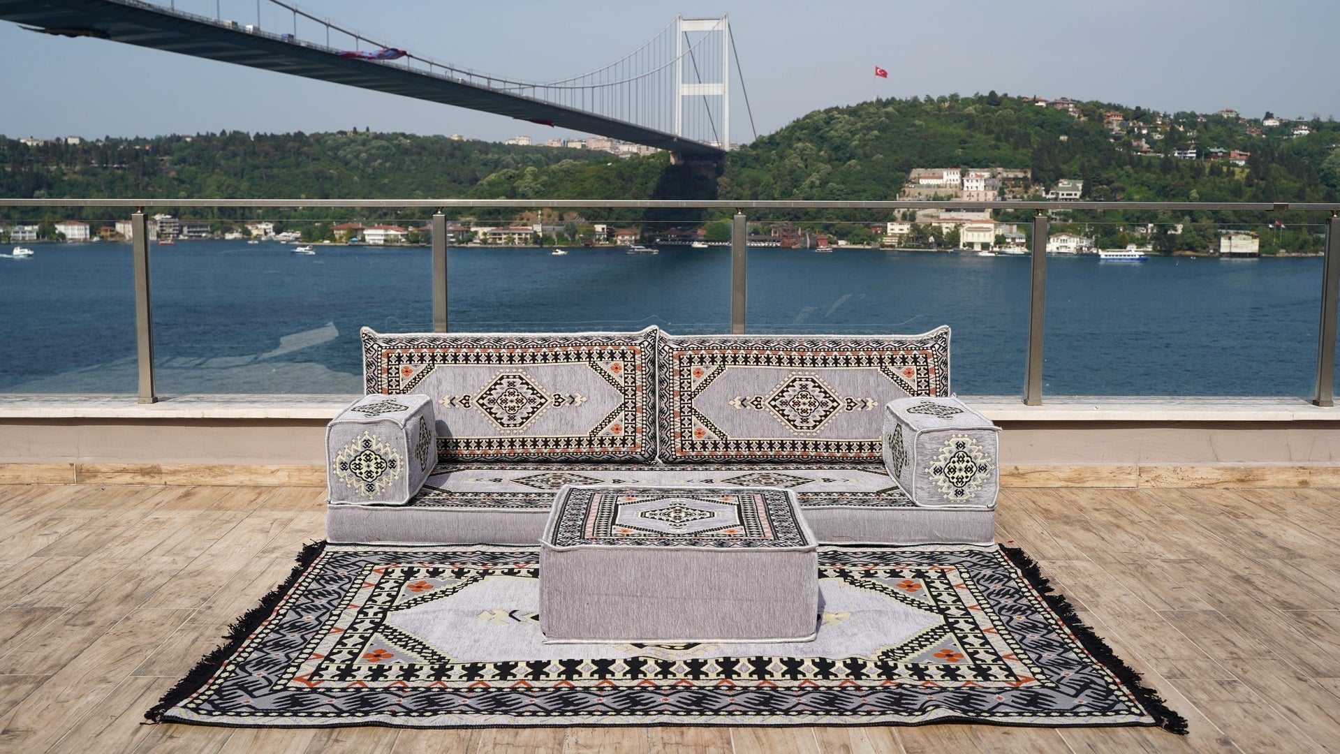 Gray Single Sofa, Arabic Sofa, Terrace Sofa with Ottoman Couch and Rug, Turkish Rug, Sofa Bed, Floor Couch, Meditation Sofa, Living Room Furniture