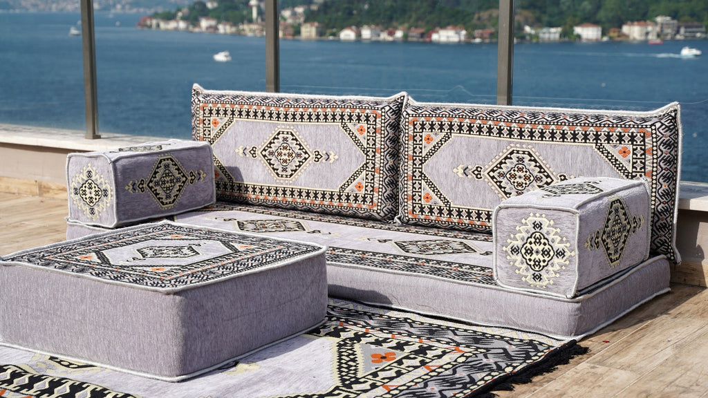 Gray Single Sofa, Arabic Sofa, Terrace Sofa with Ottoman Couch and Rug, Turkish Rug, Sofa Bed, Floor Couch, Meditation Sofa, Living Room Furniture