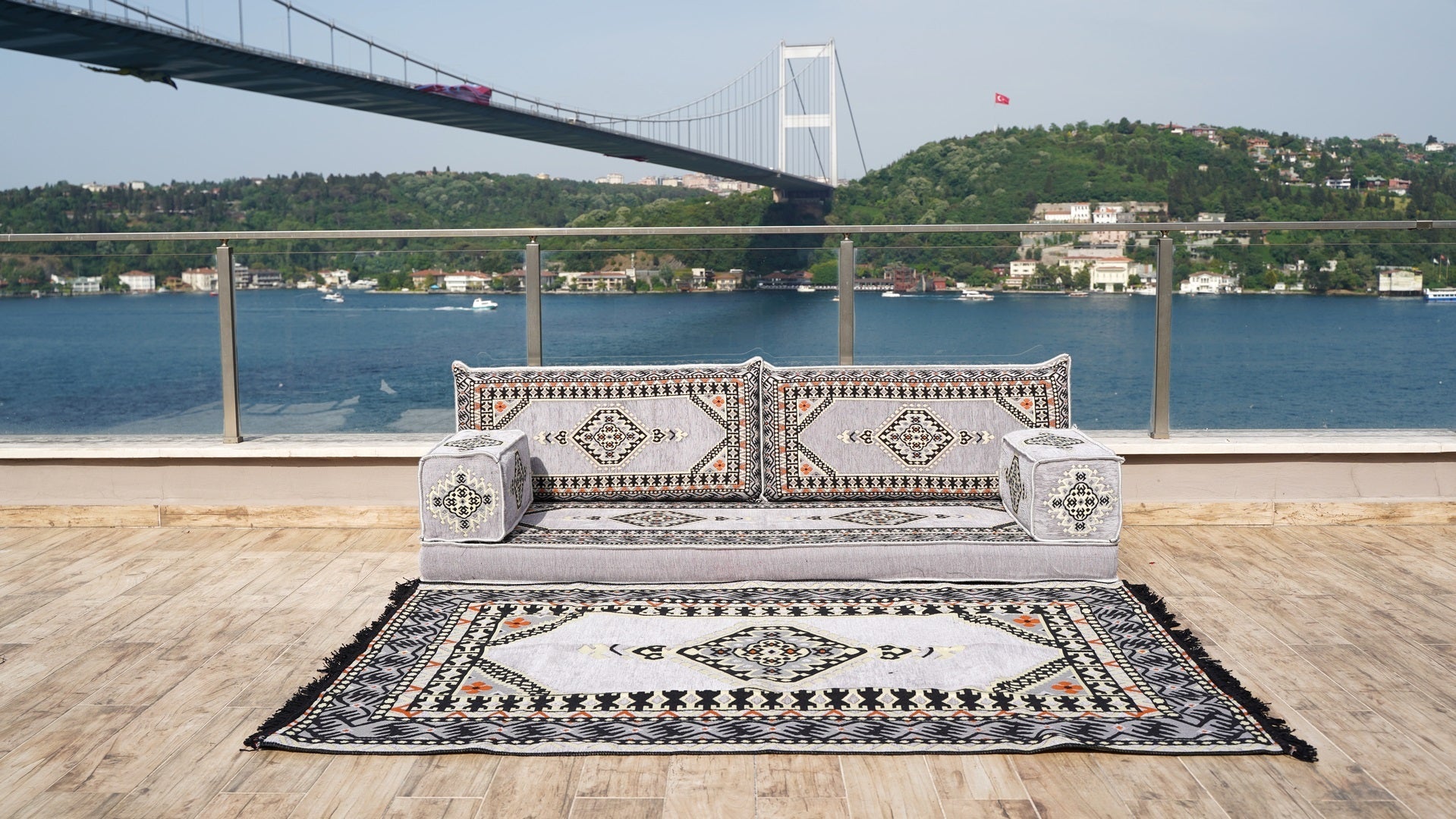 Gray Single Sofa, Arabic Sofa, Terrace Sofa with Ottoman Couch and Rug, Turkish Rug, Sofa Bed, Floor Couch, Meditation Sofa, Living Room Furniture