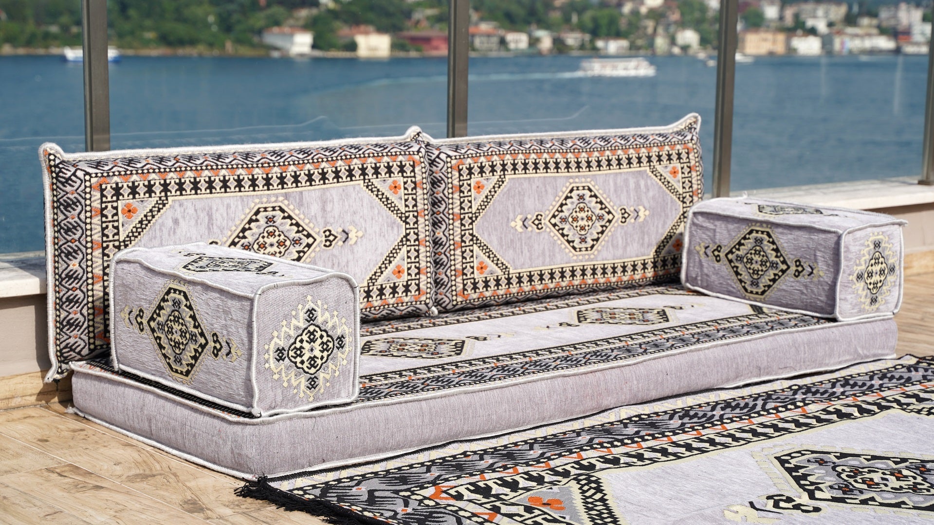 Gray Single Sofa, Arabic Sofa, Terrace Sofa with Ottoman Couch and Rug, Turkish Rug, Sofa Bed, Floor Couch, Meditation Sofa, Living Room Furniture