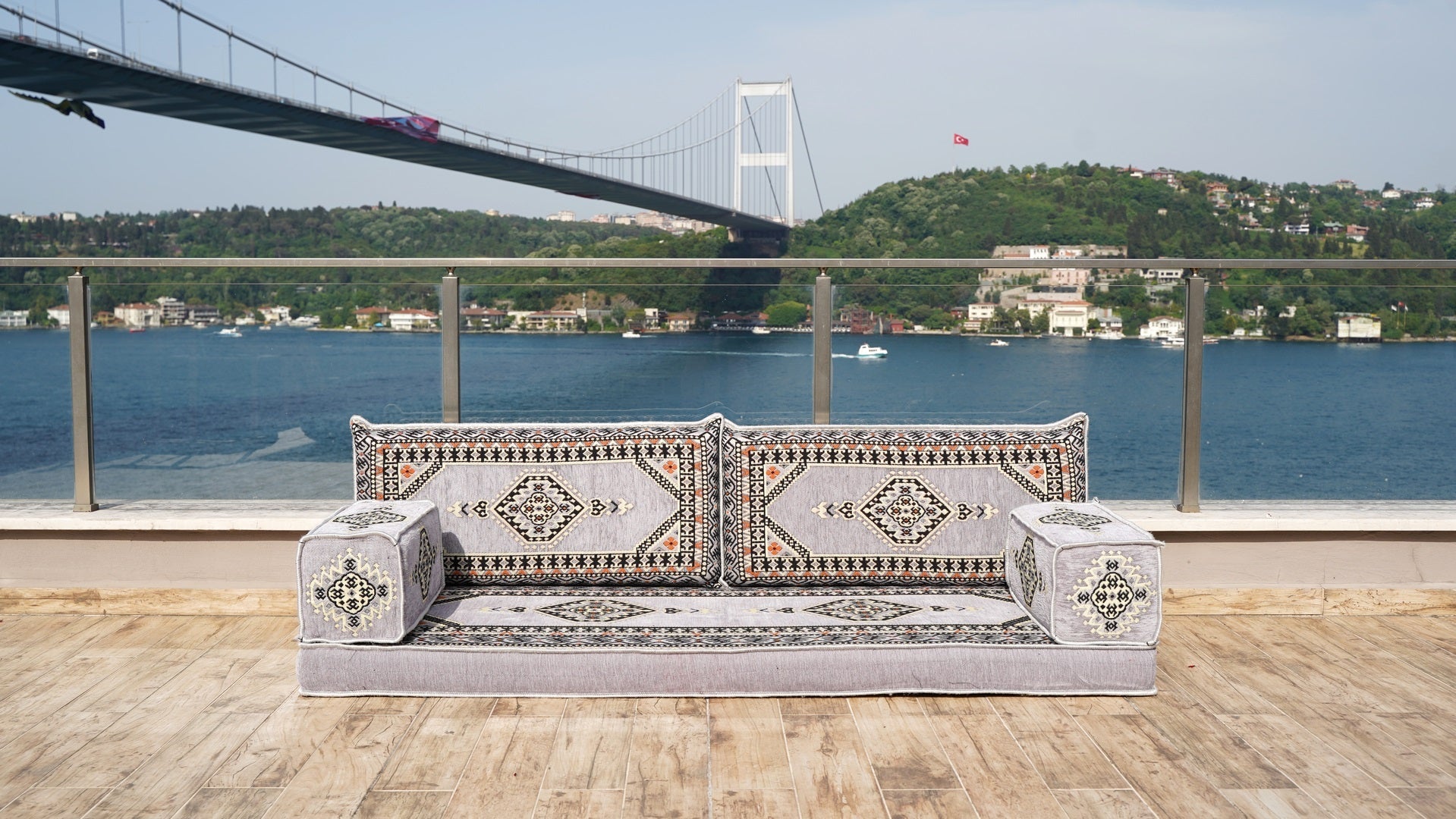 Gray Single Sofa, Arabic Sofa, Terrace Sofa with Ottoman Couch and Rug, Turkish Rug, Sofa Bed, Floor Couch, Meditation Sofa, Living Room Furniture