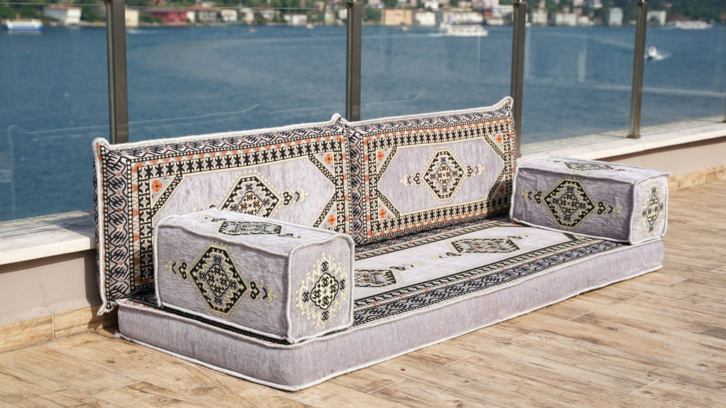 Gray Single Sofa, Arabic Sofa, Terrace Sofa with Ottoman Couch and Rug, Turkish Rug, Sofa Bed, Floor Couch, Meditation Sofa, Living Room Furniture