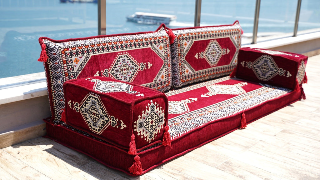 Maroon Sectional Sofas, Arabic Majlis, Turkish Rug, Sofa Bed