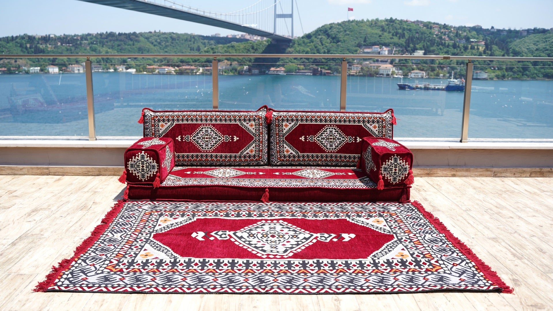Maroon Sectional Sofas, Arabic Majlis, Turkish Rug, Sofa Bed