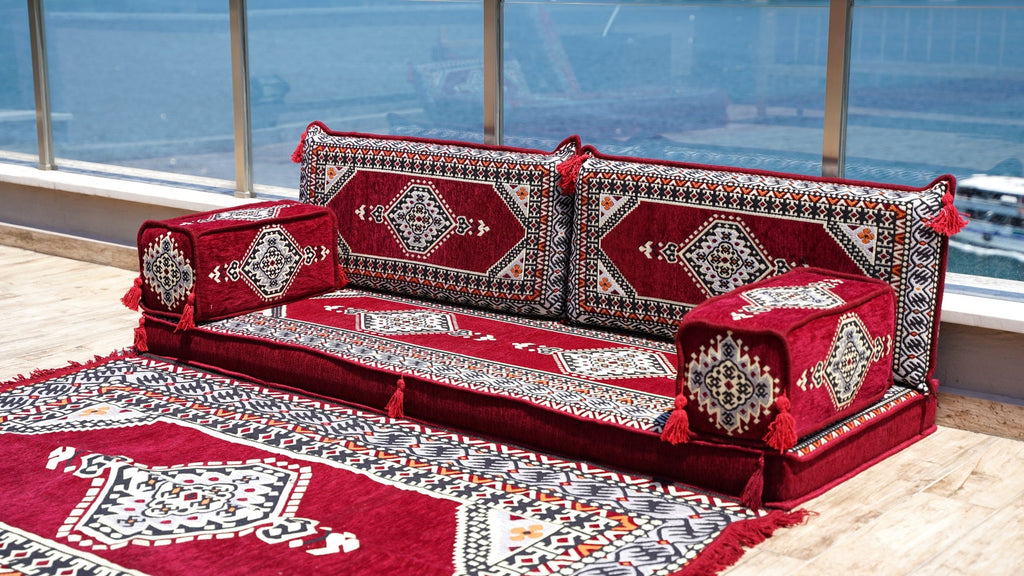 Maroon Sectional Sofas, Arabic Majlis, Turkish Rug, Sofa Bed