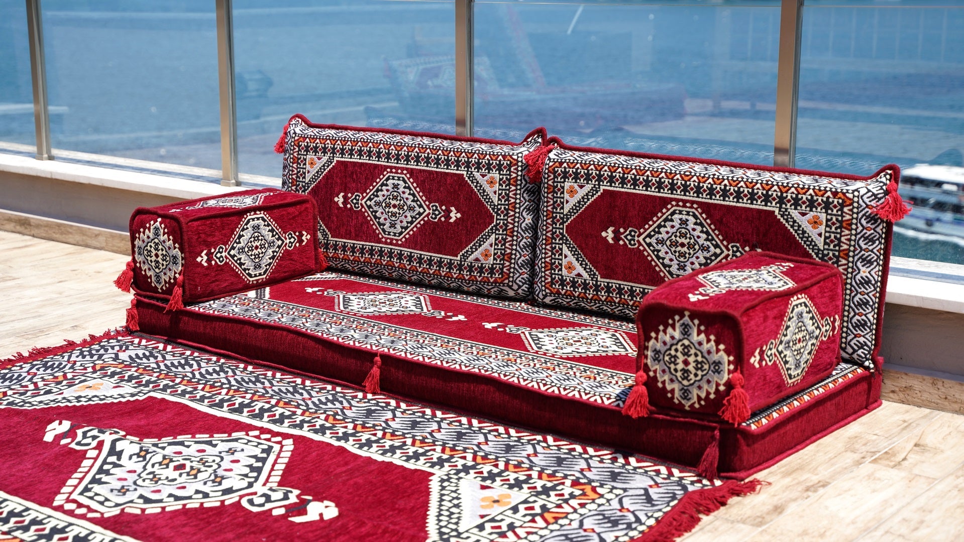Maroon Sectional Sofas, Arabic Majlis, Turkish Rug, Sofa Bed