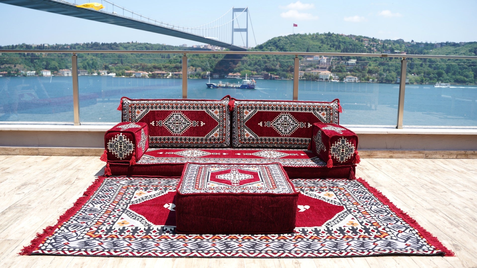 Maroon Sectional Sofas, Arabic Majlis, Turkish Rug, Sofa Bed