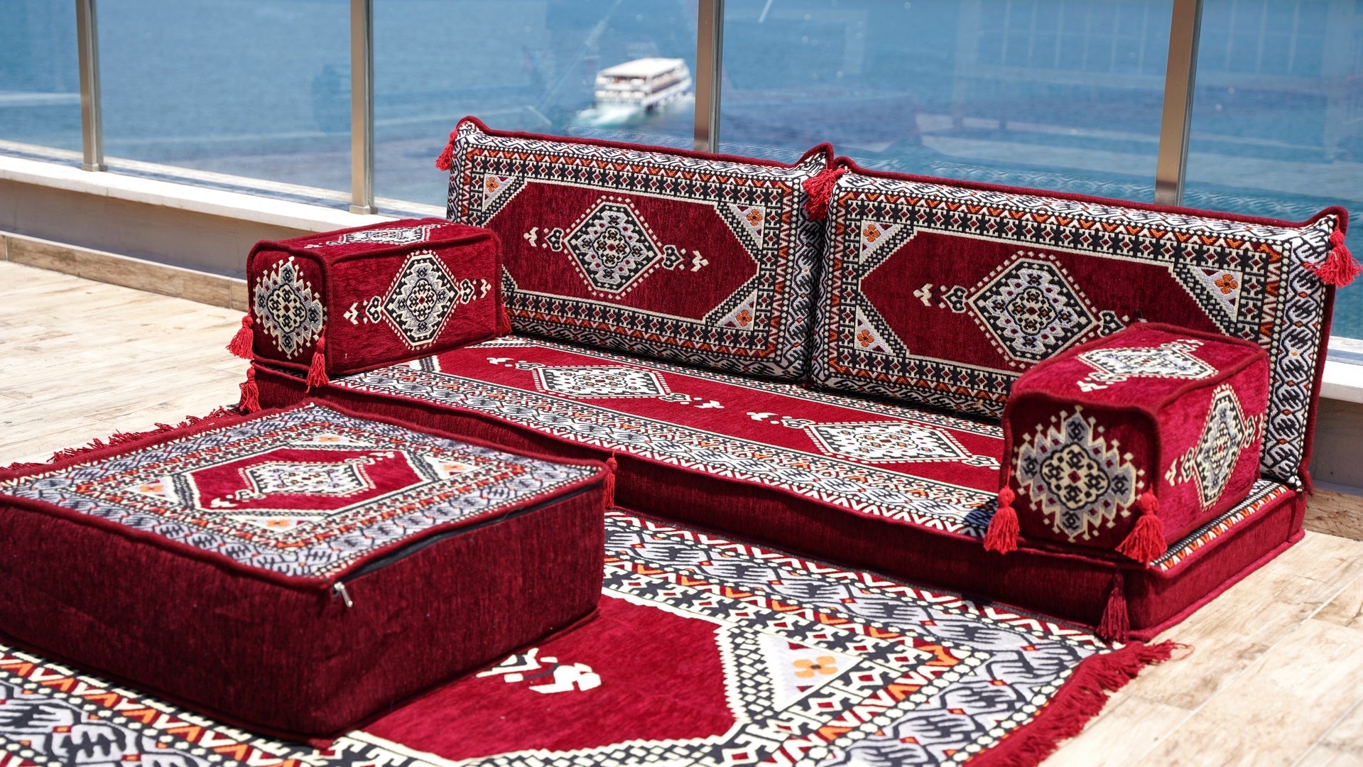 Maroon Sectional Sofas, Arabic Majlis, Turkish Rug, Sofa Bed