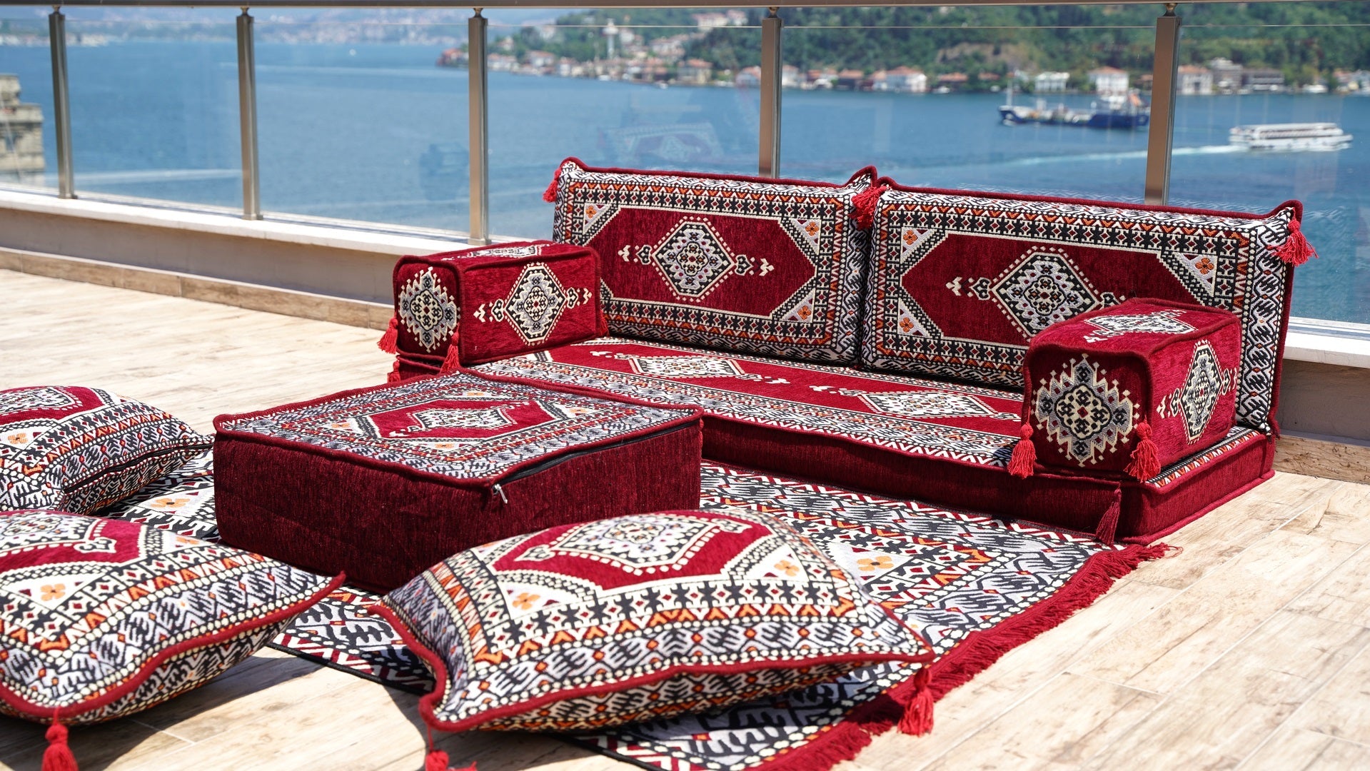 Maroon Sectional Sofas, Arabic Majlis, Turkish Rug, Sofa Bed