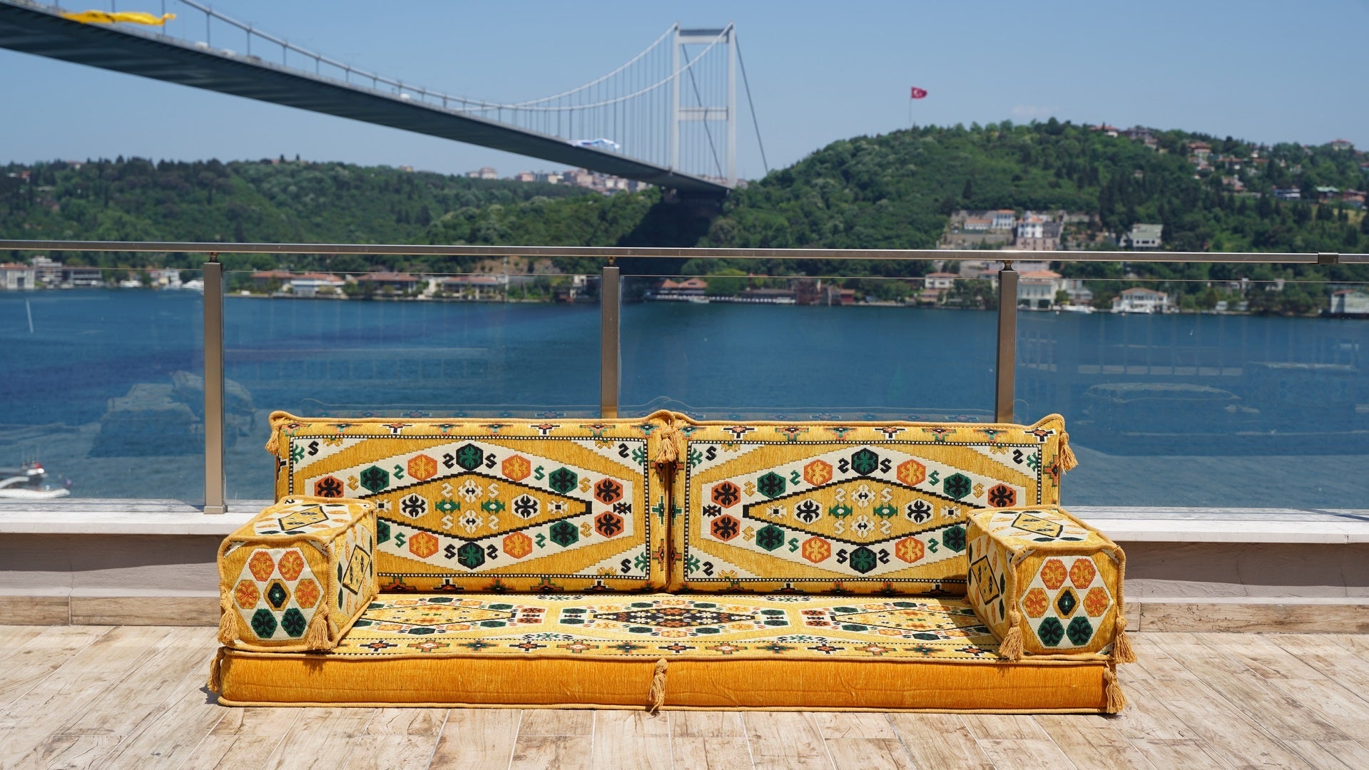 Yellow Patio Furniture, Living Room Floor Cushion, Arabic Floor Sofa with Ottoman Couch and Rug, Turkish Floor Cushion