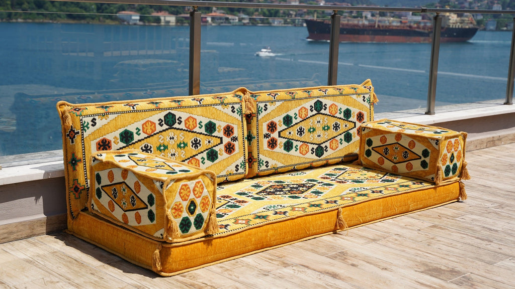 Yellow Patio Furniture, Living Room Floor Cushion, Arabic Floor Sofa with Ottoman Couch and Rug, Turkish Floor Cushion