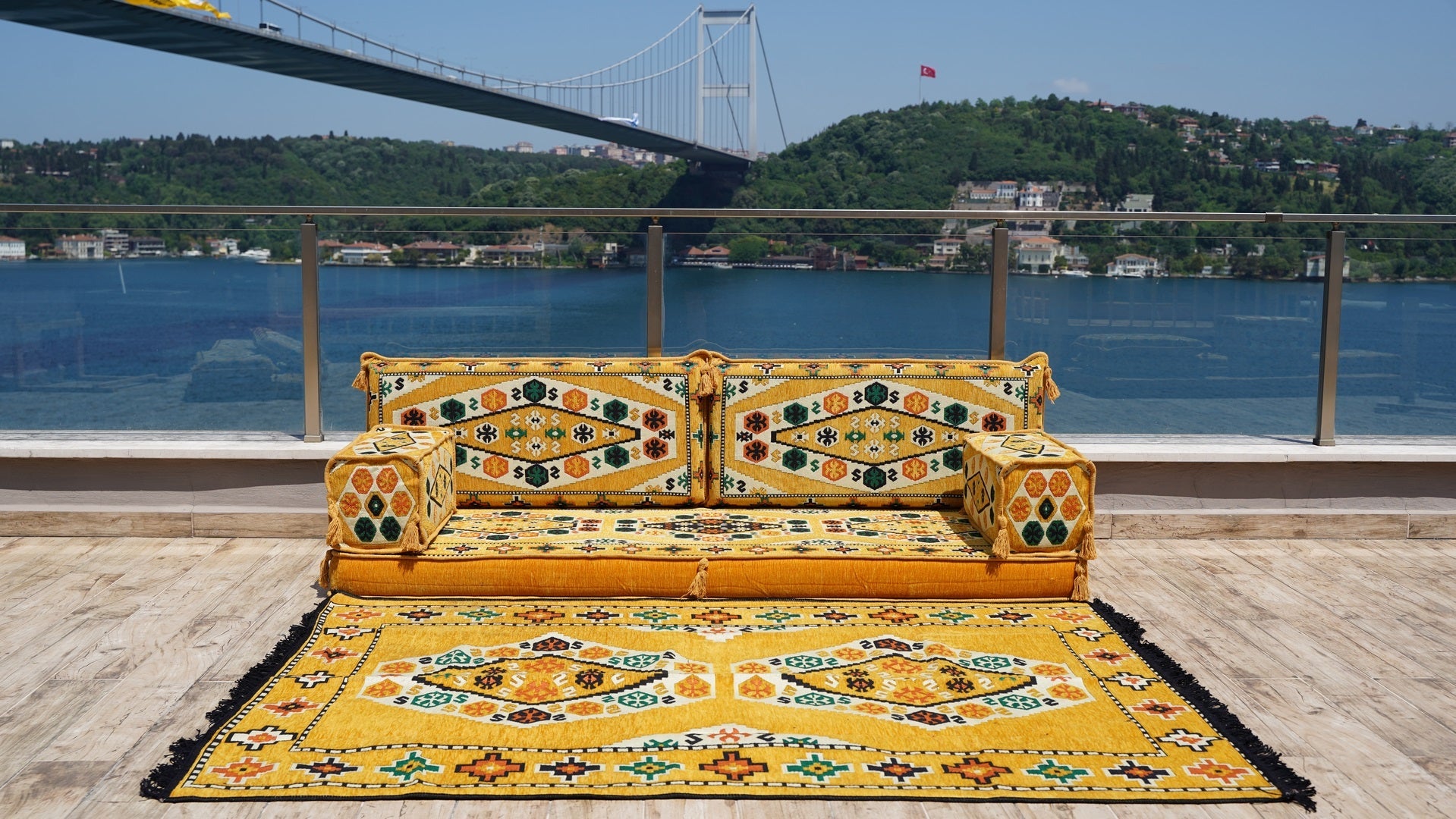 Yellow Patio Furniture, Living Room Floor Cushion, Arabic Floor Sofa with Ottoman Couch and Rug, Turkish Floor Cushion
