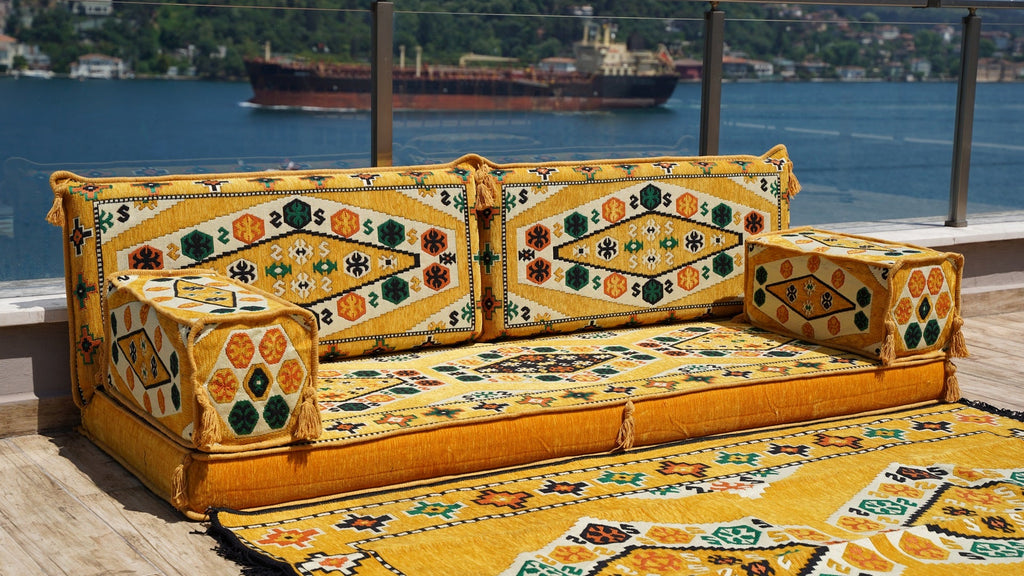 Yellow Patio Furniture, Living Room Floor Cushion, Arabic Floor Sofa with Ottoman Couch and Rug, Turkish Floor Cushion