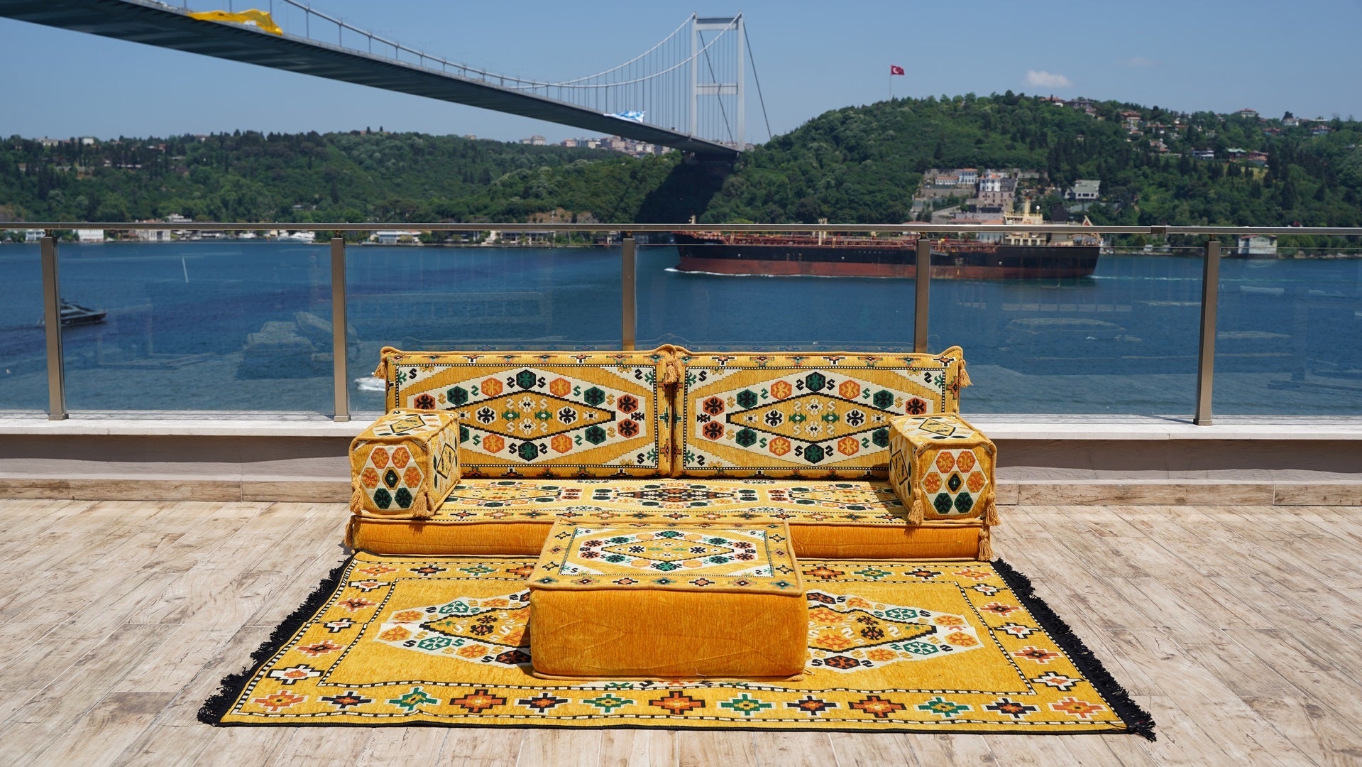 Yellow Patio Furniture, Living Room Floor Cushion, Arabic Floor Sofa with Ottoman Couch and Rug, Turkish Floor Cushion