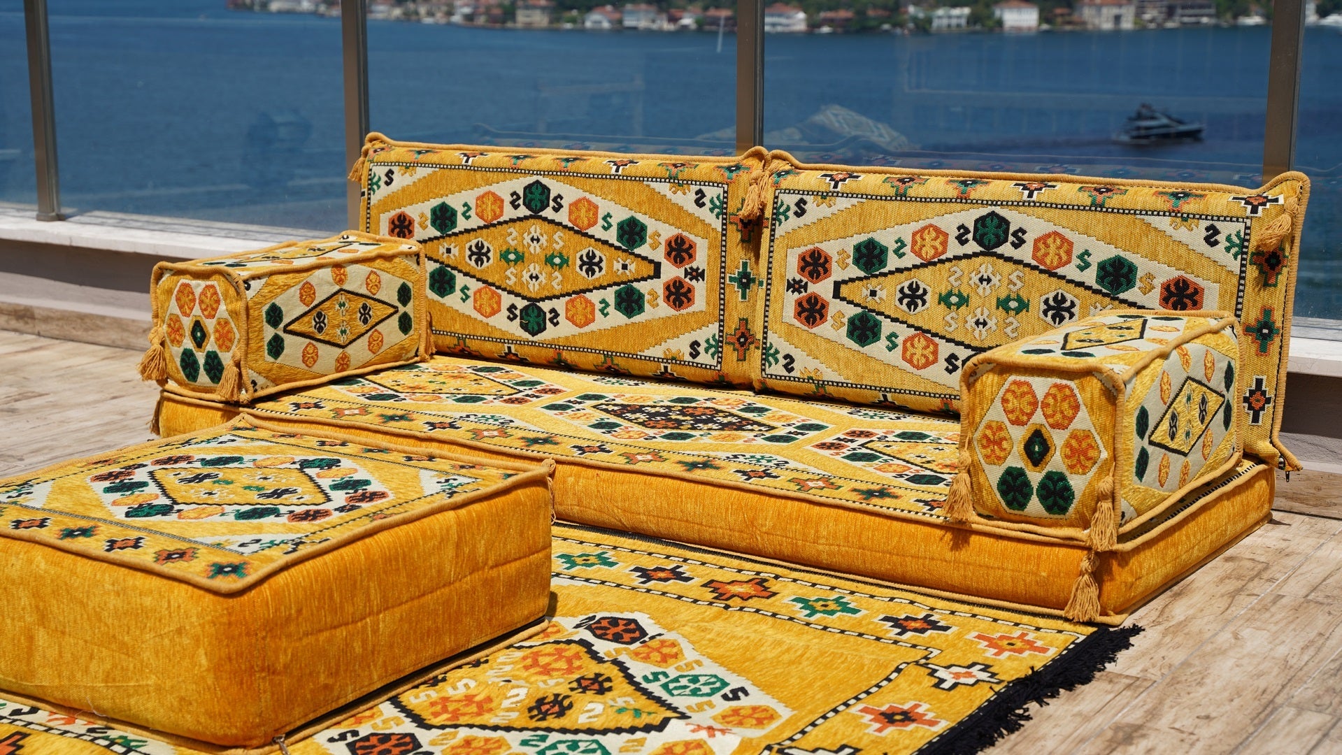 Yellow Patio Furniture, Living Room Floor Cushion, Arabic Floor Sofa with Ottoman Couch and Rug, Turkish Floor Cushion