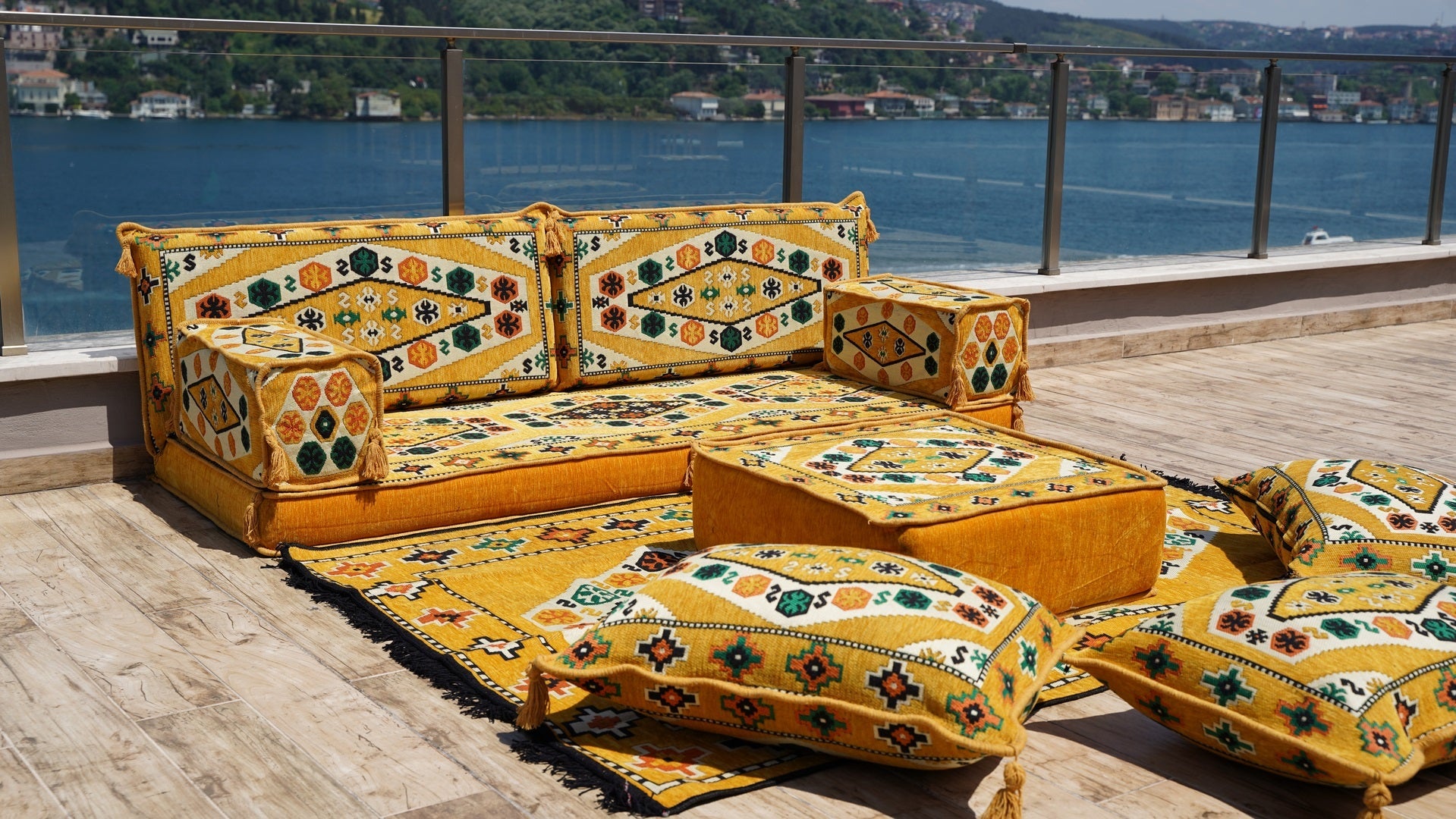 Yellow Patio Furniture, Living Room Floor Cushion, Arabic Floor Sofa with Ottoman Couch and Rug, Turkish Floor Cushion