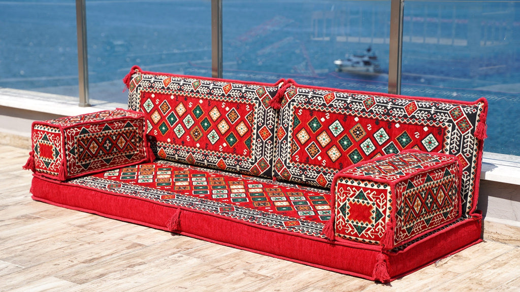 Single Shaped Red Floor Cushions, Modern Arabic Majlis Set, Floor Sofa Set, Ethnic Sofa, Arabic Sofa with Ottoman Couch and Rug