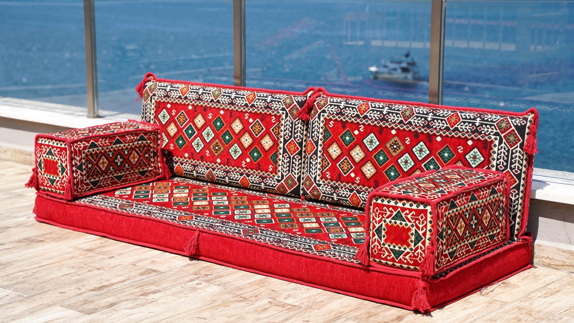 Single Shaped Red Floor Cushions, Modern Arabic Majlis Set, Floor Sofa Set, Ethnic Sofa, Arabic Sofa with Ottoman Couch and Rug
