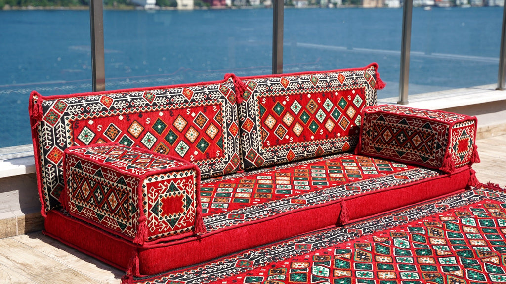 Single Shaped Red Floor Cushions, Modern Arabic Majlis Set, Floor Sofa Set, Ethnic Sofa, Arabic Sofa with Ottoman Couch and Rug