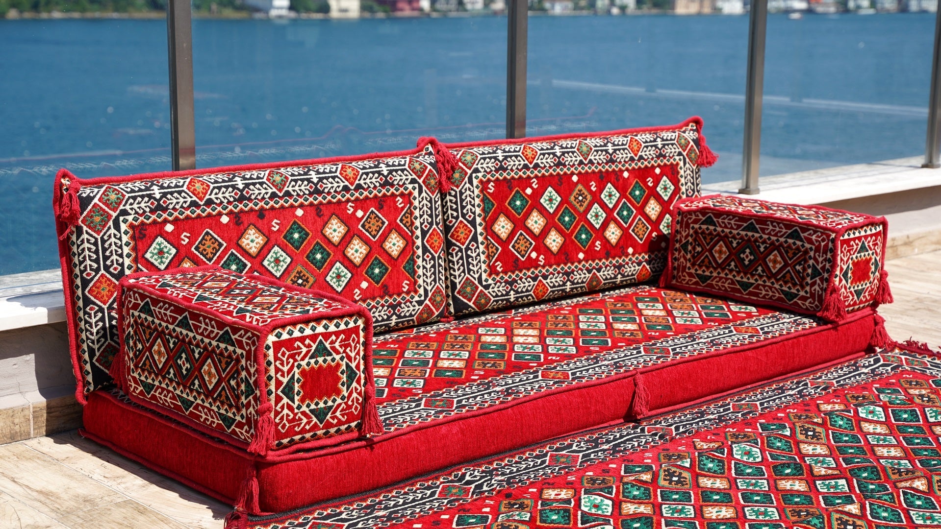 Single Shaped Red Floor Cushions, Modern Arabic Majlis Set, Floor Sofa Set, Ethnic Sofa, Arabic Sofa with Ottoman Couch and Rug