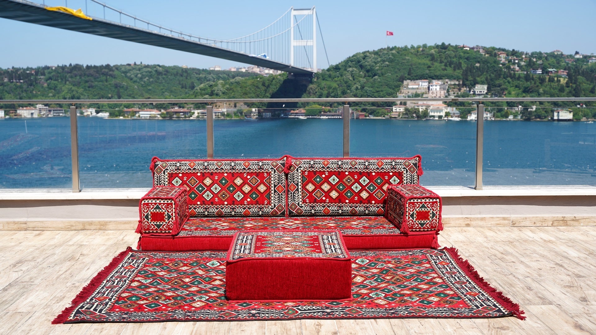 Single Shaped Red Floor Cushions, Modern Arabic Majlis Set, Floor Sofa Set, Ethnic Sofa, Arabic Sofa with Ottoman Couch and Rug