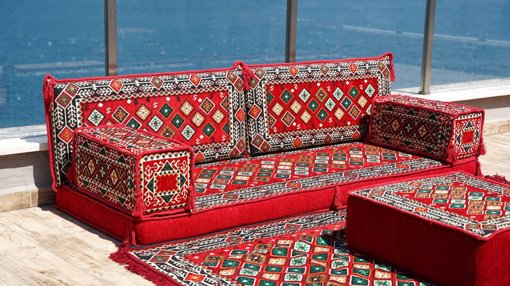 Single Shaped Red Floor Cushions, Modern Arabic Majlis Set, Floor Sofa Set, Ethnic Sofa, Arabic Sofa with Ottoman Couch and Rug