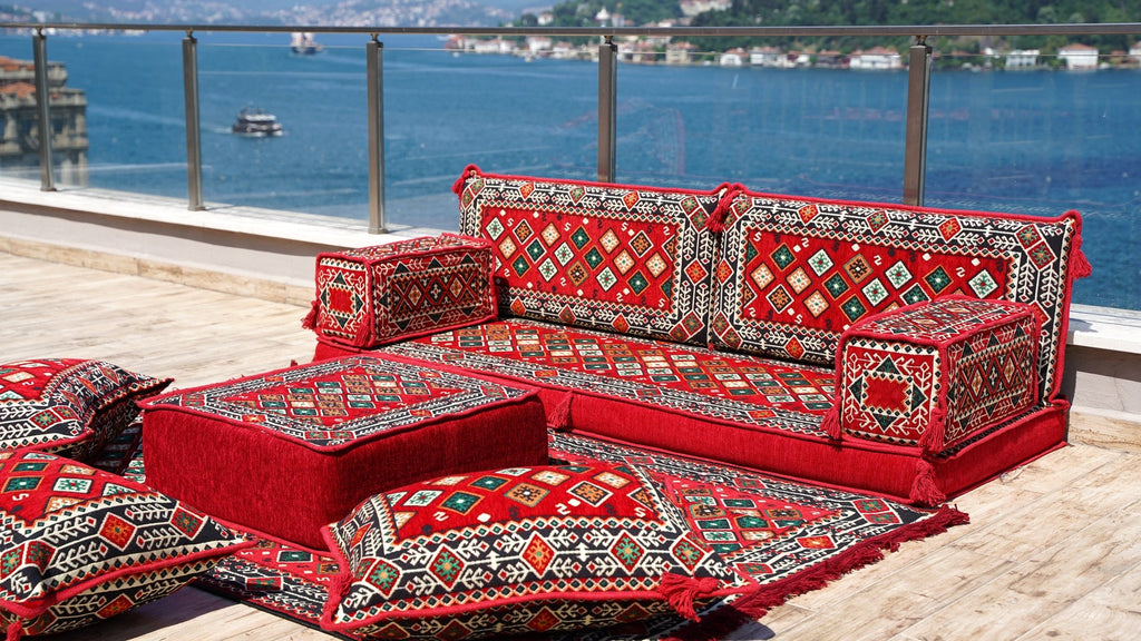 Single Shaped Red Floor Cushions, Modern Arabic Majlis Set, Floor Sofa Set, Ethnic Sofa, Arabic Sofa with Ottoman Couch and Rug