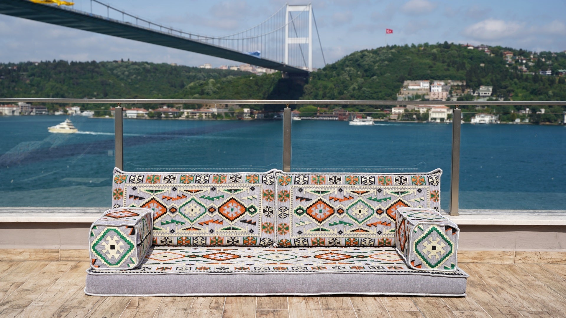 Gray Floor Sofa Seating, Arabic Majlis, Moroccan Livingroom Couch, Turkish Floor Sofa with Ottoman Couch and Rug, Ethnic Cushions, Terrace Garden Couches