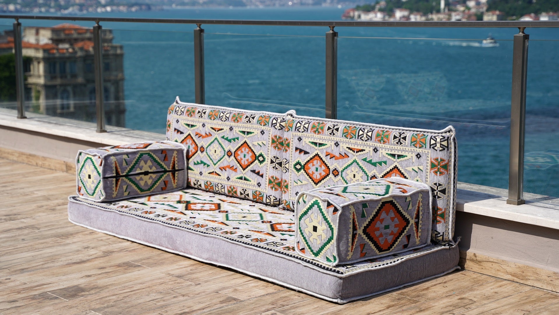 Gray Floor Sofa Seating, Arabic Majlis, Moroccan Livingroom Couch, Turkish Floor Sofa with Ottoman Couch and Rug, Ethnic Cushions, Terrace Garden Couches